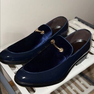 Mens sz 11 blue patent and velour loafers with gold detail